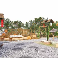 Traditional Garden Landscape With Orange Trees Red Lanterns And Pumpkin Decorations