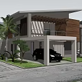 Modern Detached Villa With White Exterior Wooden Accents Large Windows Green Lawn And Palm Trees