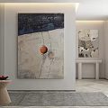 Large Abstract Painting With Blue Gray Tones And Orange Circular Element In Modern Minimalist Interior