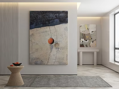 Large Abstract Painting With Blue Gray Tones And Orange Circular Element In Modern Minimalist Interior 3d model