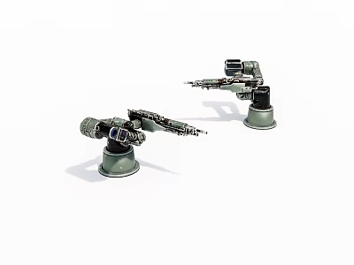 Two Mechanical Weapon Models With Metal Barrels And Green Bases On White Background 3d model