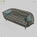 Green Tufted Two Seater Sofa With Blue Pillows Metal Legs On Marble Floor Background