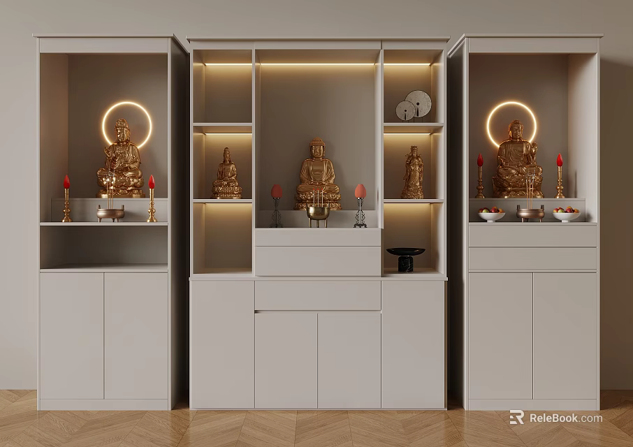 Modern Buddhist Shrine Cabinet With Buddha Statues Candlesticks And Illuminated Layered Shelves 3d model 