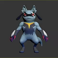 Anthropomorphic Blue Wolf Like Creature With Red Eyes Yellow Chest Marking And Pink Claws