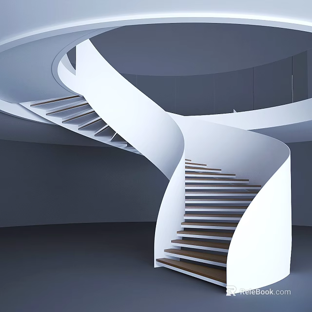 Modern Spiral Staircase Design With White Curved Railings And Wooden Steps 3d model 
