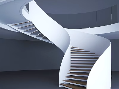 Modern Spiral Staircase Design With White Curved Railings And Wooden Steps 3d model