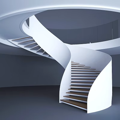 Modern Spiral Staircase Design With White Curved Railings And Wooden Steps 3d model
