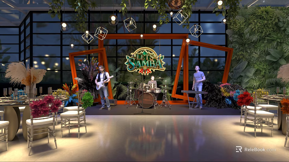 Interactive Area With Live Band Performance At Tulum Festival Greenery Decor And Lighting 3d model 