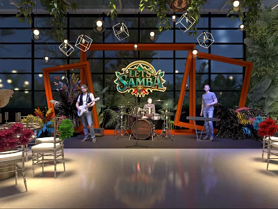 Interactive Area With Live Band Performance At Tulum Festival Greenery Decor And Lighting 3d model