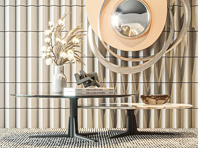 Elegant Modern Coffee Table With Vase Books And Decorative Mirror On Louvered Curtain Background 3d model