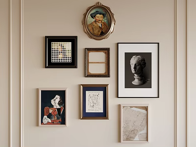 Gallery Wall With Various Framed Artworks Portrait Sculpture Head And Marble Texture Decor 3d model