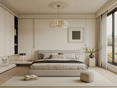 Modern Minimalist Bedroom Interior Design With Ceiling Medallion Chandelier And Large Window Curtains 3d model