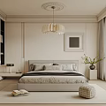 Modern Minimalist Bedroom Interior Design With Ceiling Medallion Chandelier And Large Window Curtains