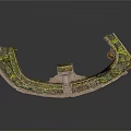 Garden Landscape With Curved Wall Green Plants Stone Pathway And Decorative Structure