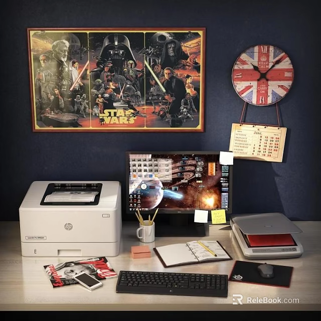 Star Wars Poster And Union Jack Clock On Desk With HP Printer And Monitor 3d model 
