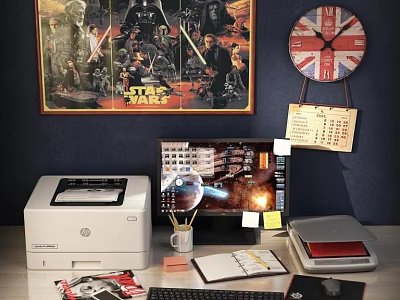 Star Wars Poster And Union Jack Clock On Desk With HP Printer And Monitor 3d model