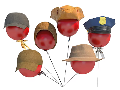 Various Types of Hats Displayed on Red Balloons with Different Styles 3d model
