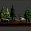 3D Forest Scene With Green Pine Trees Yellow Trees White Houses Red Ground And Grass