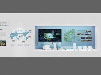 Exhibition Hall Display With World Map City Model Digital Screen And Photo Wall 3d model