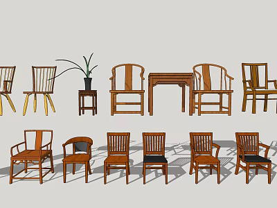 Different Styles Of Wooden Leisure Chairs With Side Table And Plant Decor 3d model