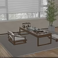 Chinese Traditional Wooden Tea Table Design With Tea Sets And Cushioned Stools In Living Room