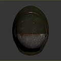 Vintage Green Military Helmet With Metallic Worn Texture And Orange Strap