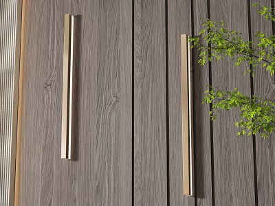 Modern Wall Sconces Mounted on Wooden Texture Wall with Green Foliage Accent 3d model