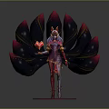 Woman With Fox Ears Holding Heart In Elaborate Red Purple Outfit With Petal Decorations