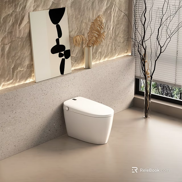 Modern White Toilet In Bathroom With Stone Wall Mirror And Decorative Plants Near Window 3d model 