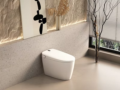 Modern White Toilet In Bathroom With Stone Wall Mirror And Decorative Plants Near Window 3d model