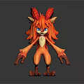 Fantasy Creature Character With Red Fluffy Fur Horns And Blue Eyes