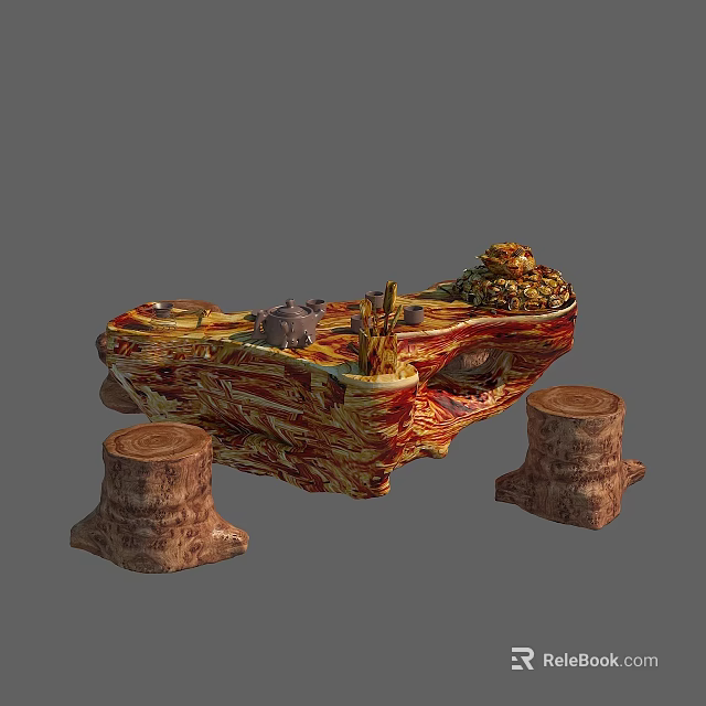 Natural Root Carving Tea Table With Wooden Stump Bases And Unique Artistic Design 3d model 
