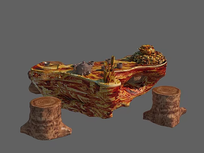 Natural Root Carving Tea Table With Wooden Stump Bases And Unique Artistic Design 3d model