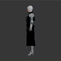 Woman With Silver Gray Hair In Black And Blue Long Coat Standing In Gray Background
