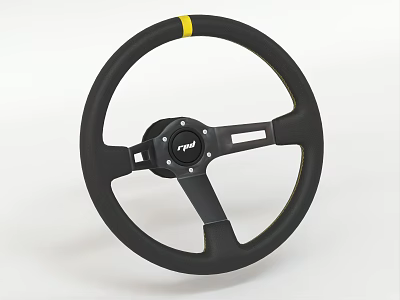 Black Racing Steering Wheel With OMP Logo Yellow Accent And Three Spoke Design 3d model