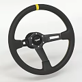 Black Racing Steering Wheel With OMP Logo Yellow Accent And Three Spoke Design