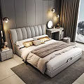 Double Bed With Gray Leather Headboard Gold Pillows Gray Bedding Dresser Mirror Pendant Lights