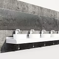 Five white sinks with silver faucets on long white countertop against gray concrete wall
