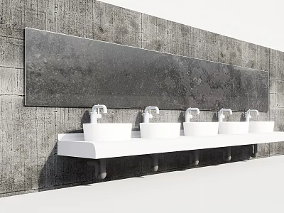 Five white sinks with silver faucets on long white countertop against gray concrete wall 3d model