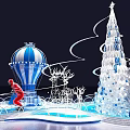 Christmas Check in Area with Santa Blue White Hot Air Balloon Snowflakes and Tree