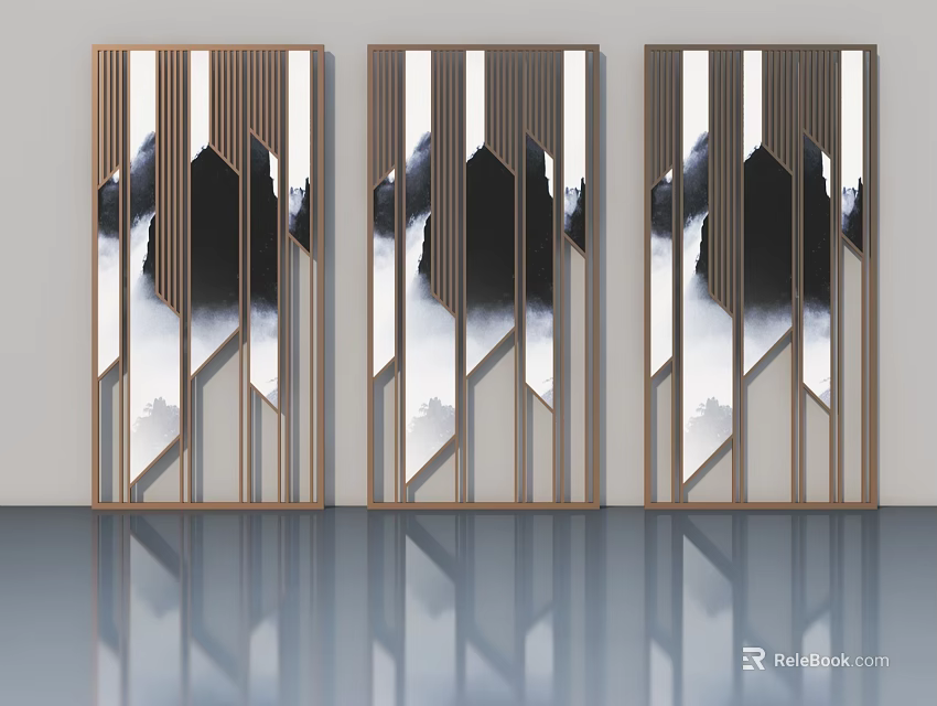 Elegant Modern Swing Doors With Golden Frames And Geometric Patterns 3d model 