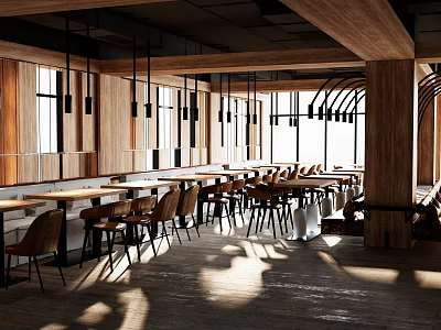 Open Concept Restaurant Featuring Wooden Walls Long Tables Brown Chairs And Sunlight Through Arched Windows 3d model