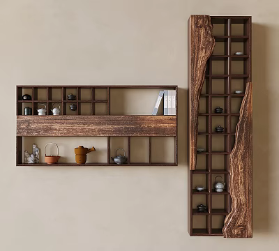 Rustic Wooden Shelving Unit With Open Grid Design Displaying Decorative Jars And Books 3d model