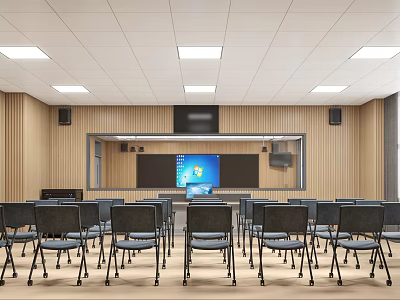 Modern School Classroom Interior With Wooden Walls Desks Chairs And Projection Screen 3d model
