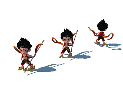 Cartoon Game Movie Character With Black Hair Red Gold Outfit Holding Spear And Floating Ribbons 3d model