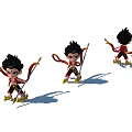 Cartoon Game Movie Character With Black Hair Red Gold Outfit Holding Spear And Floating Ribbons