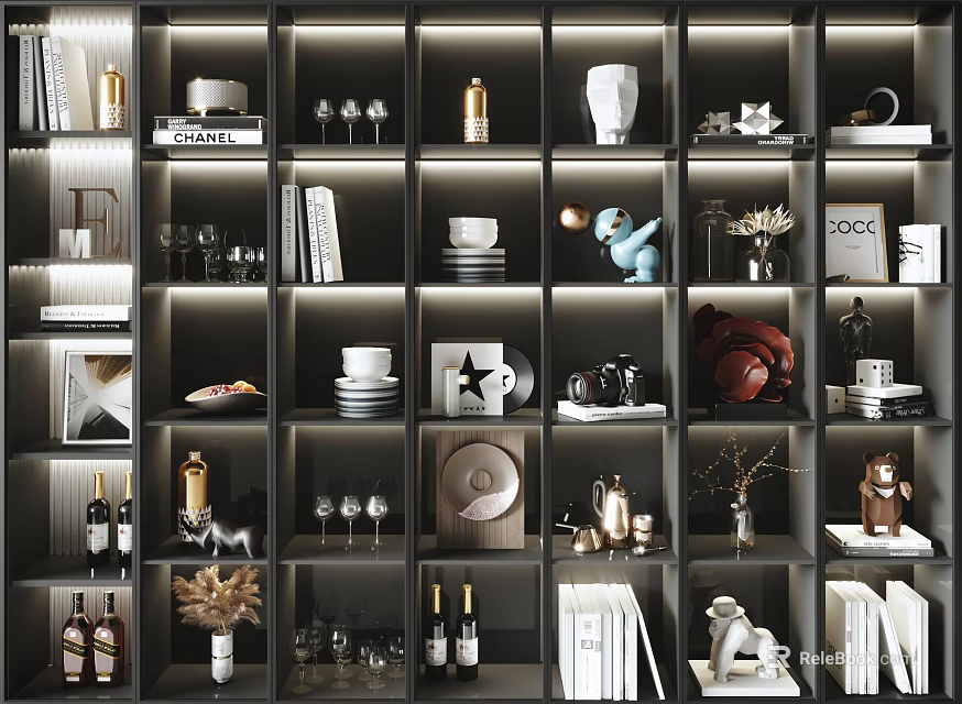 Decorative Ornament Collection Display On Stylish Shelving With Vases Cups Sculptures Books And Bottles 3d model 