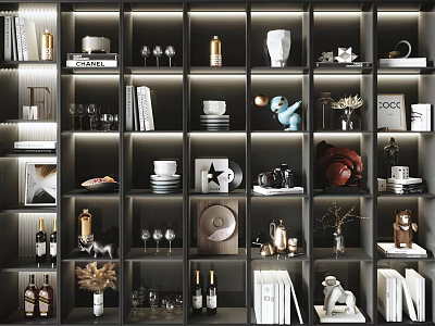 Decorative Ornament Collection Display On Stylish Shelving With Vases Cups Sculptures Books And Bottles 3d model