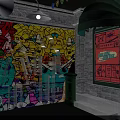 Vibrant Urban Alleyway With Colorful Graffiti Wall Green Awning And Retro Signboard