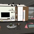 Modern Living Room Interior With Sofa Coffee Table TV Bookshelf Rug And Pendant Lights